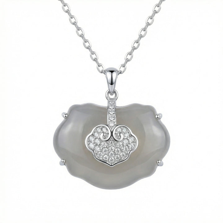 925 Sterling Silver Elegant Ruyi Longevity Lock Pendant Necklace with Gray Chalcedony and Pavé Accents