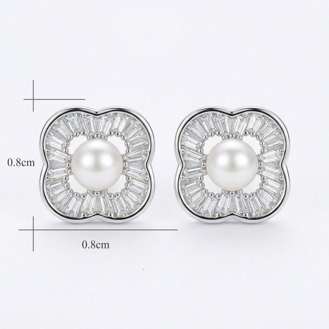 ✨ 925 Sterling Silver White Pearl & Baguette Zirconia Four-Leaf Clover Stud Earrings ✨