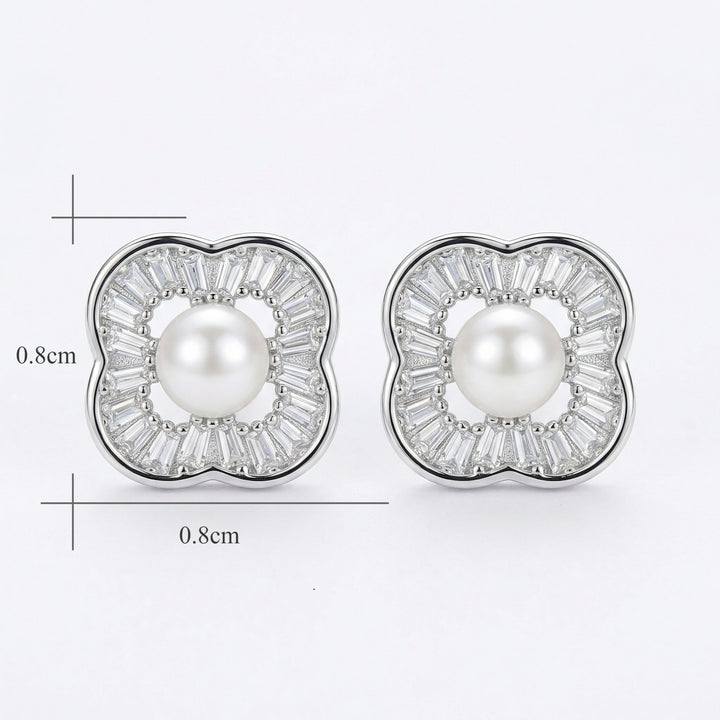 ✨ 925 Sterling Silver White Pearl & Baguette Zirconia Four-Leaf Clover Stud Earrings ✨
