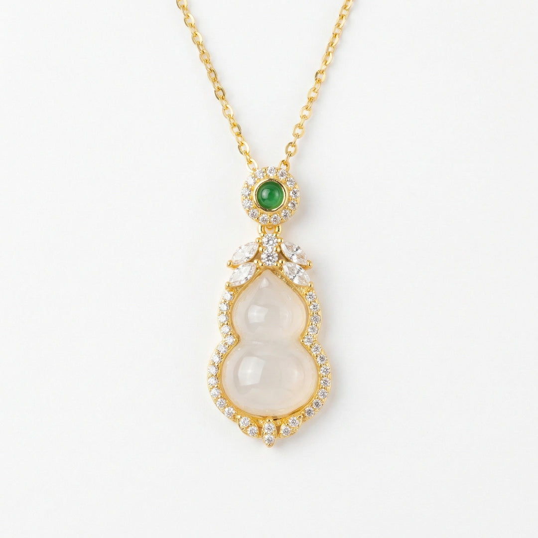 ✨ 925 Sterling Silver Elegant White Jade Hulu Necklace with Green Gemstone & Sparkling Accents ✨