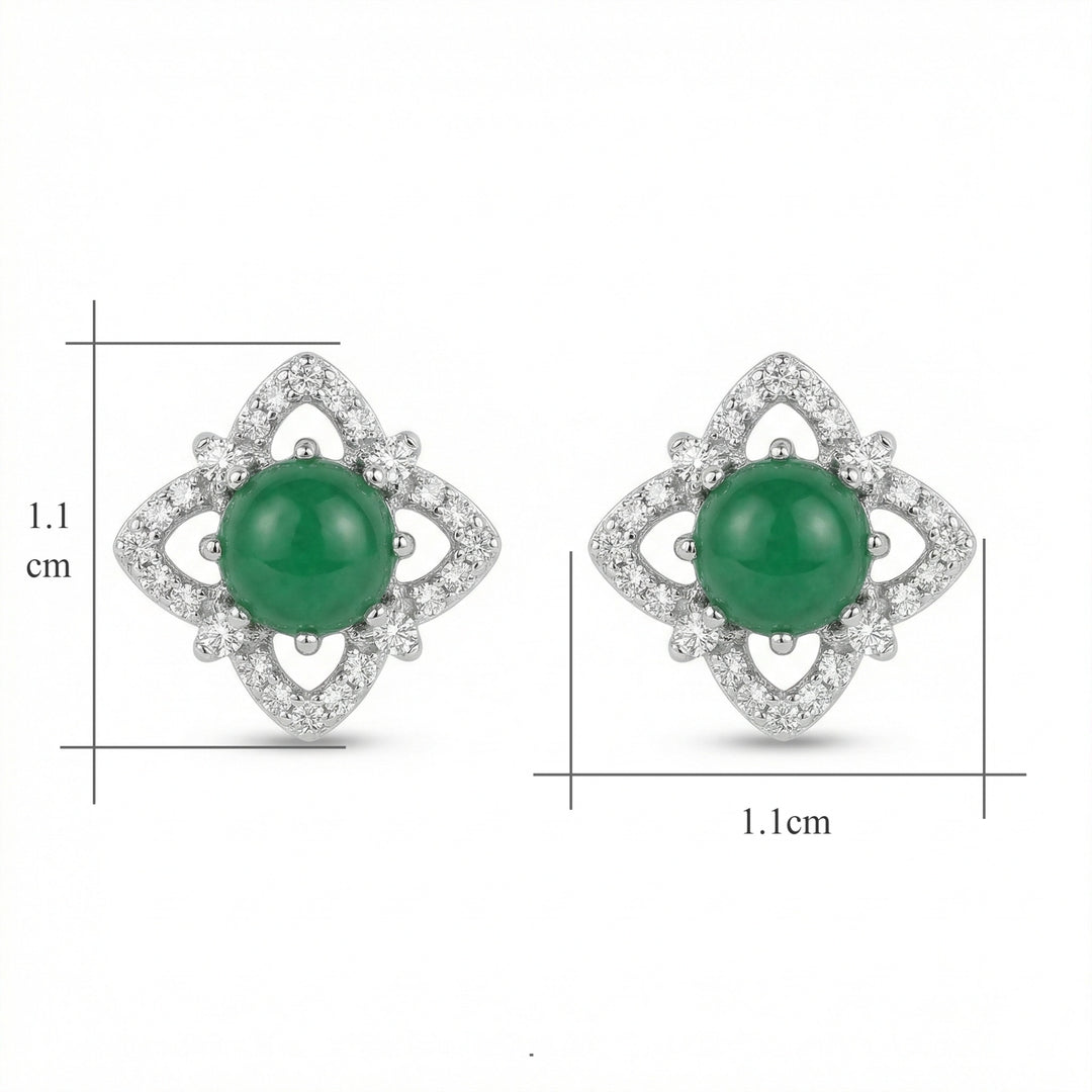 ✨ 925 Sterling Silver Elegant Green Cabochon Floral Stud Earrings with Sparkling Halo ✨