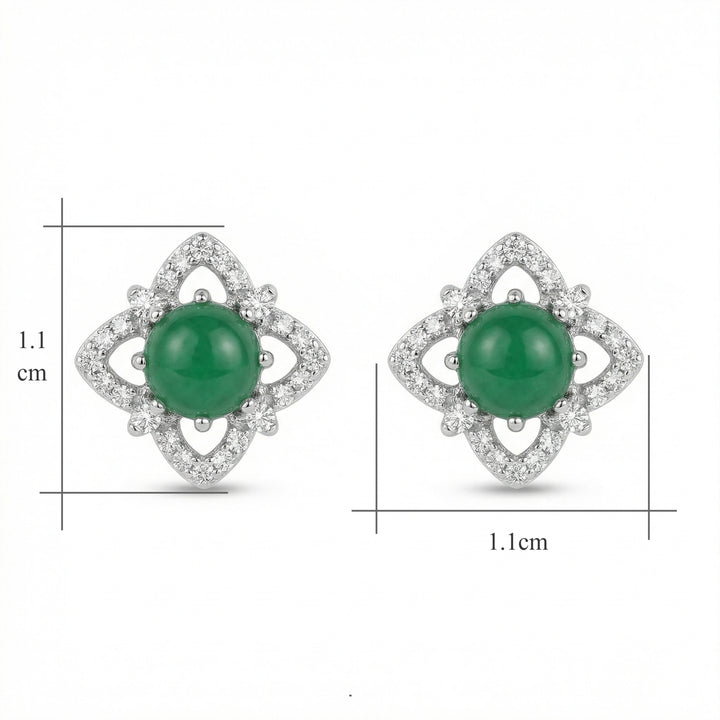 ✨ 925 Sterling Silver Elegant Green Cabochon Floral Stud Earrings with Sparkling Halo ✨