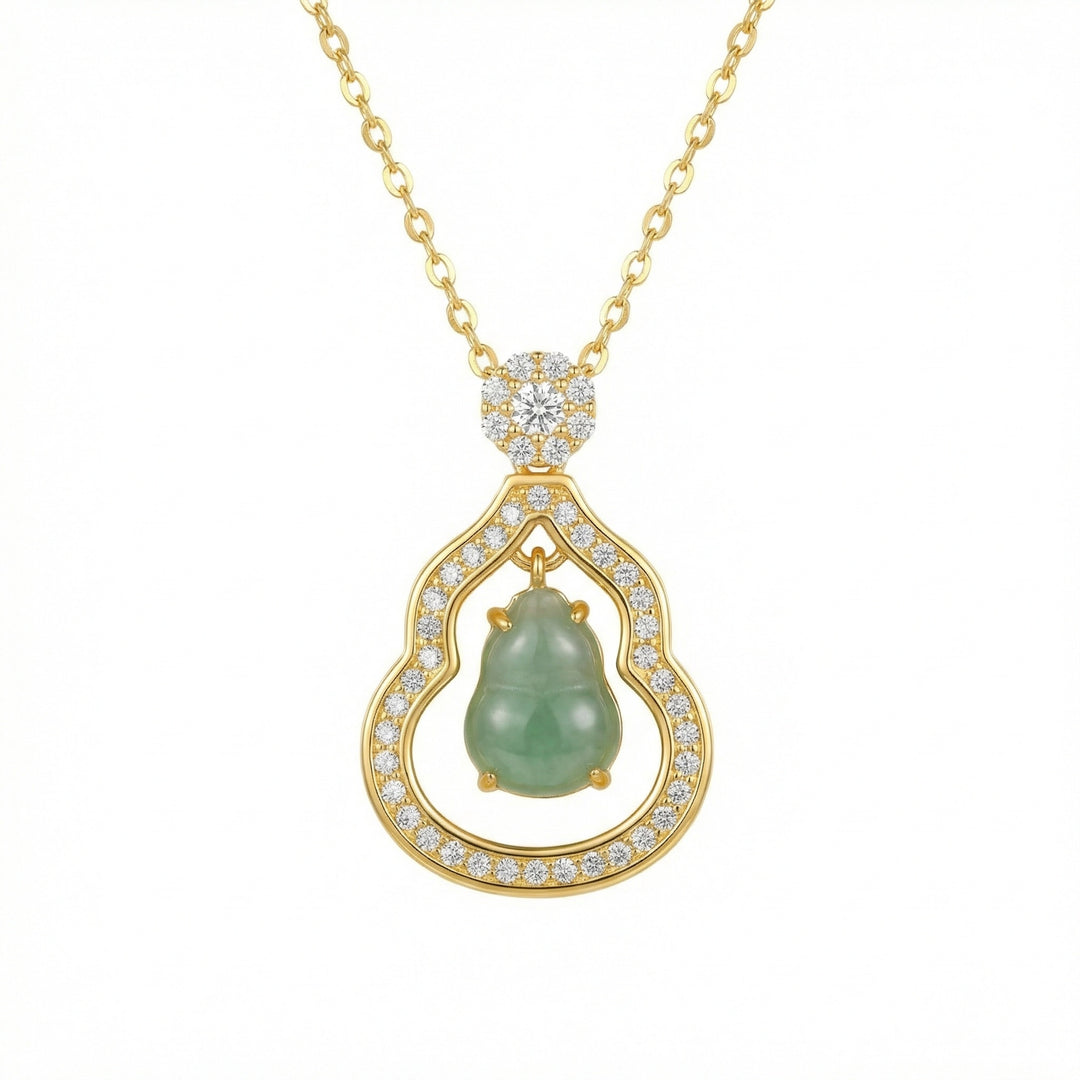 925 Sterling Silver Green Jadeite Hulu Pendant Necklace with Diamond Pavé Halo & Floral Bail