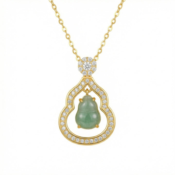 925 Sterling Silver Green Jadeite Hulu Pendant Necklace with Diamond Pavé Halo & Floral Bail