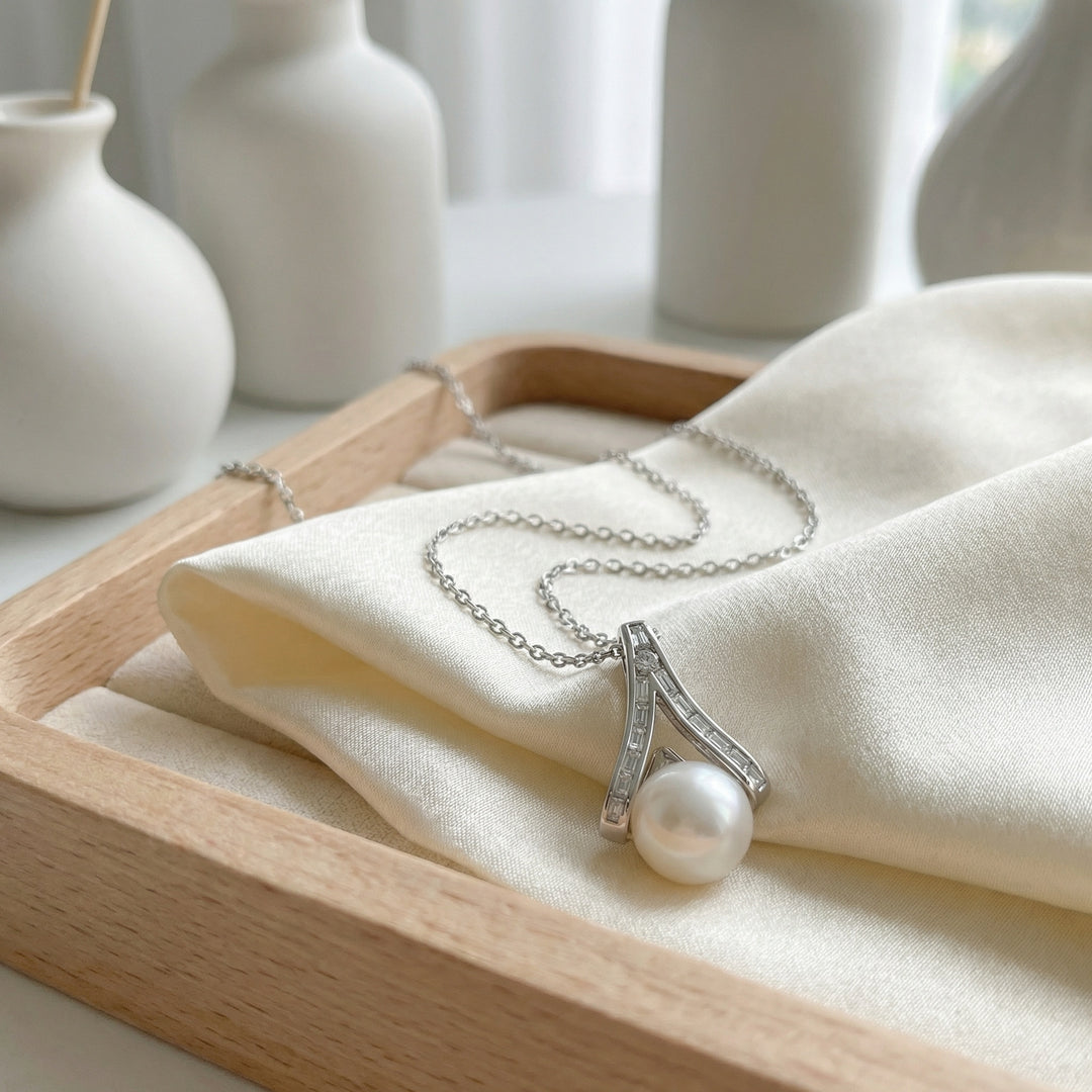 ✨ 925 Sterling Silver White Pearl Wishbone Pendant Necklace with Diamond Accents ✨