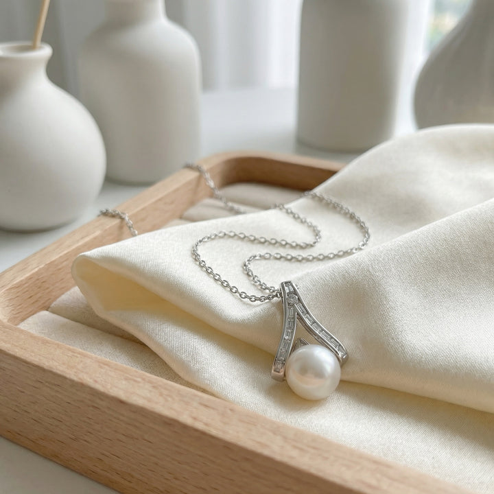 ✨ 925 Sterling Silver White Pearl Wishbone Pendant Necklace with Diamond Accents ✨