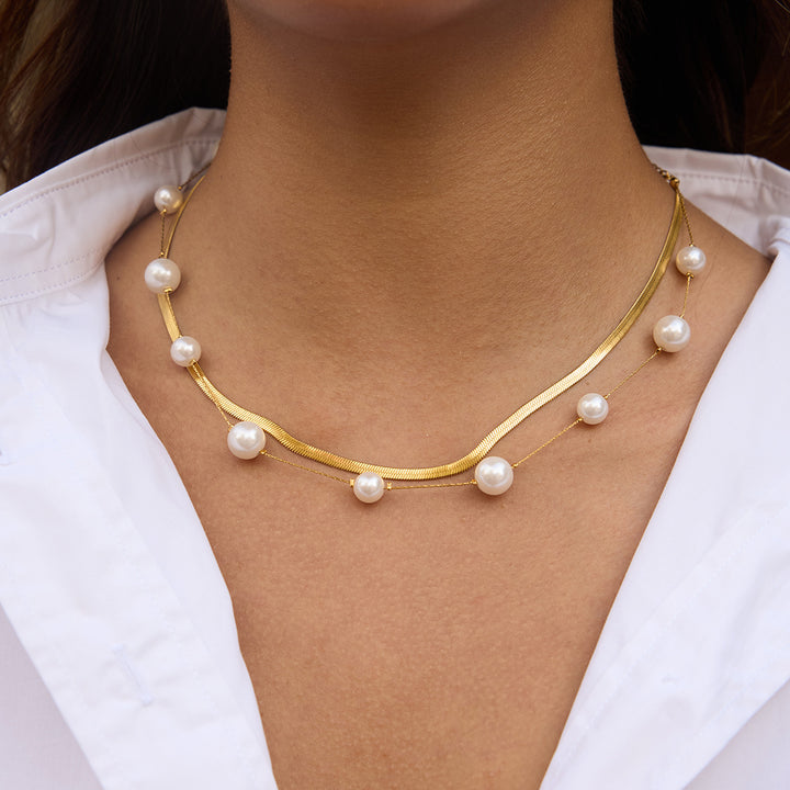 Elegant 18K Gold Stainless Steel Glass Pearl Necklace – Geometric Casual Jewelry for Women