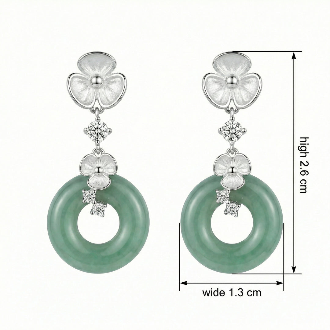 925 Sterling Silver Green Jade Floral Drop Earrings with Diamond Accents