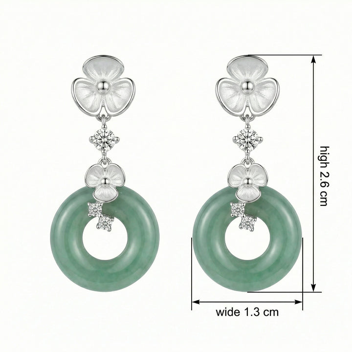 925 Sterling Silver Green Jade Floral Drop Earrings with Diamond Accents