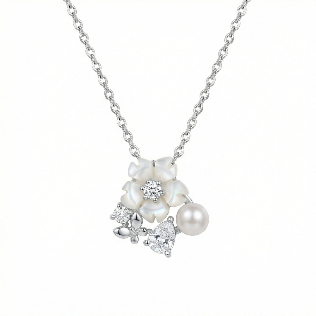 925 Sterling Silver Mother-of-Pearl Flower Necklace with Pearl, Crystal Accents & Butterfly Charm