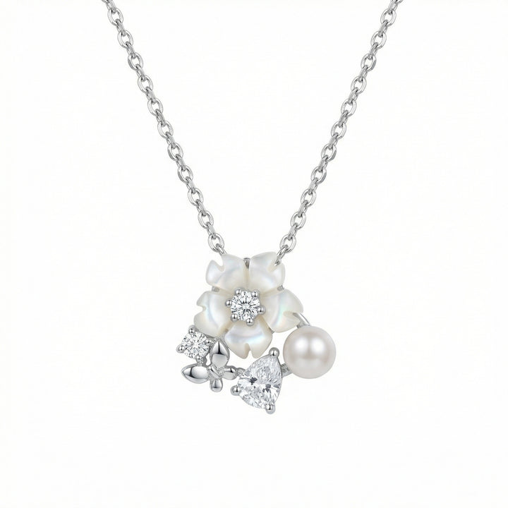 925 Sterling Silver Mother-of-Pearl Flower Necklace with Pearl, Crystal Accents & Butterfly Charm