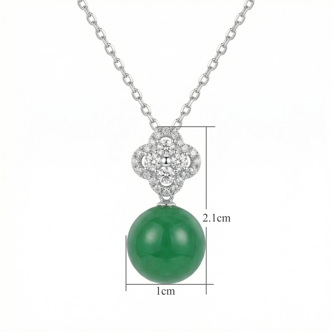 925 Sterling Silver Green Jade Bead Necklace – Diamond Clover Pendant in Elegant Silver