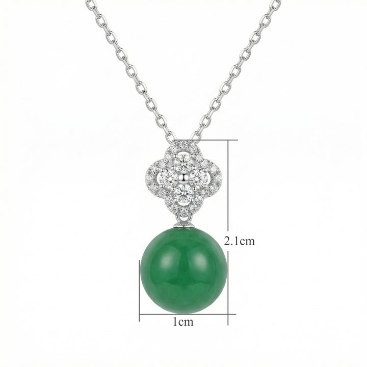 925 Sterling Silver Green Jade Bead Necklace – Diamond Clover Pendant in Elegant Silver