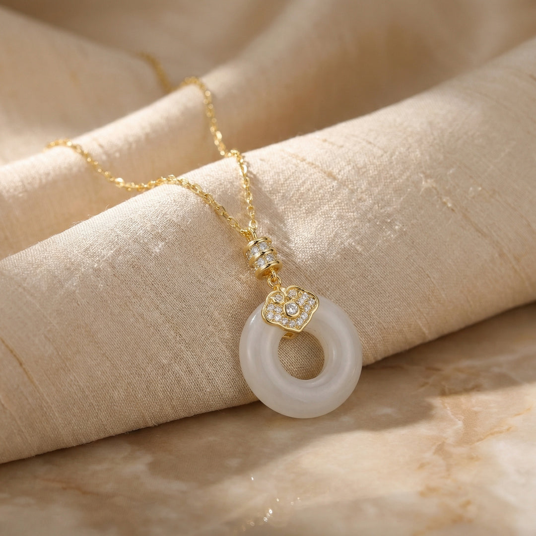 ✨ 925 Sterling Silver Elegant White Jade Donut Pendant Necklace with Sparkling Diamond Accents ✨