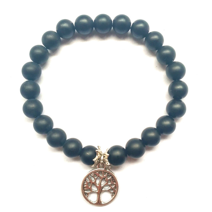 Frosted Black Agate Handmade Bracelet – Tree of Life Charm