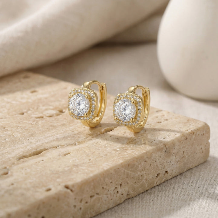 ✨ 925 Sterling Silver Square Halo Huggie Hoop Earrings with Round Center Stones ✨
