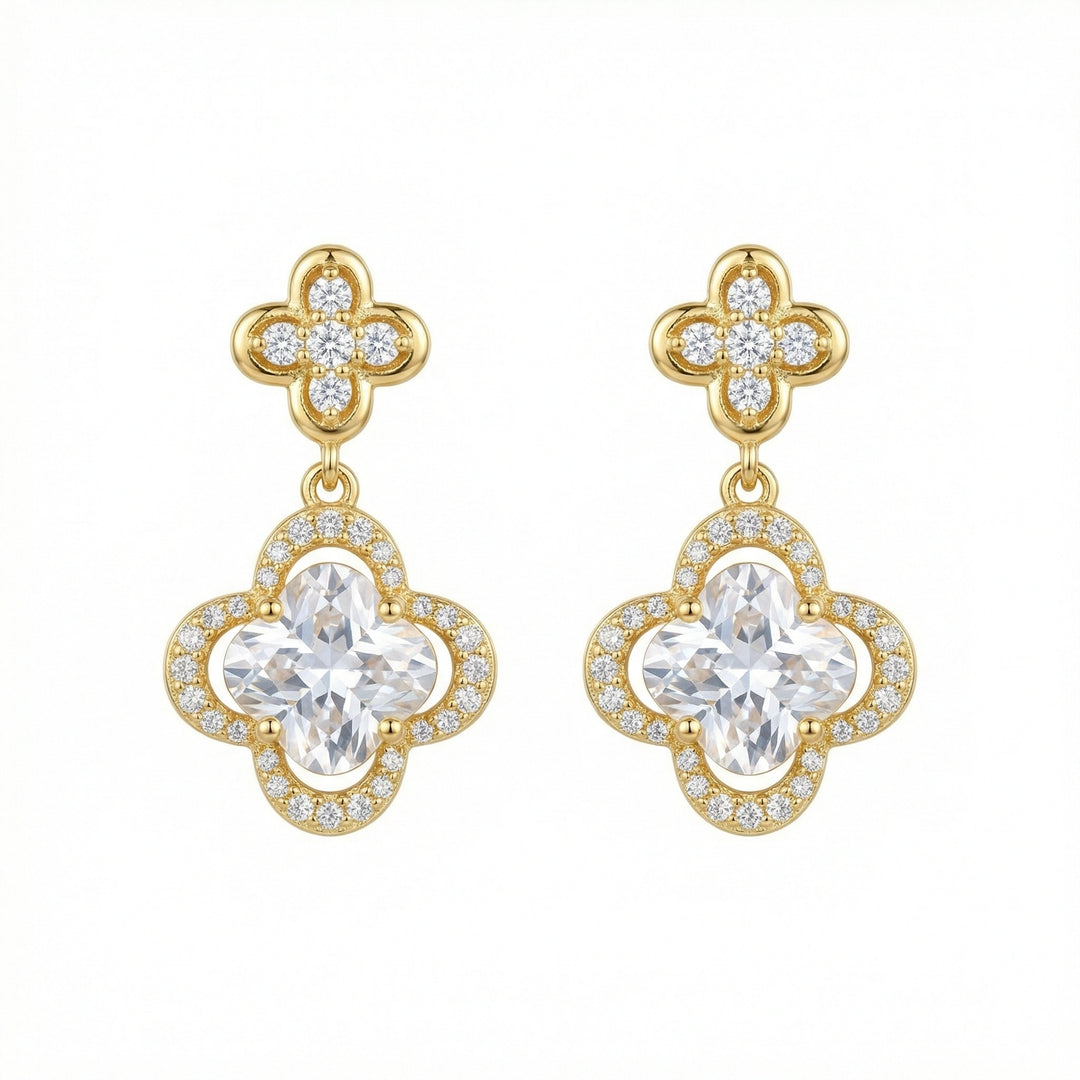 ✨ 925 Sterling Silver Quatrefoil Drop Earrings with Cushion & Round Stones ✨