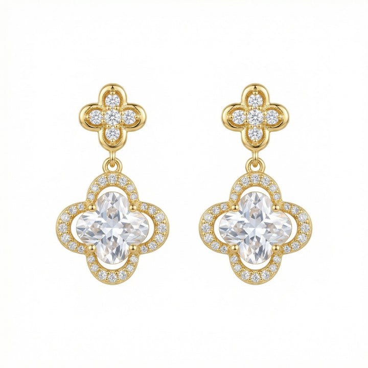 ✨ 925 Sterling Silver Quatrefoil Drop Earrings with Cushion & Round Stones ✨