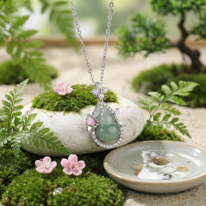 925 Sterling Silver Jadeite Gourd Pendant Necklace – Diamond & Pink Gemstone Accent