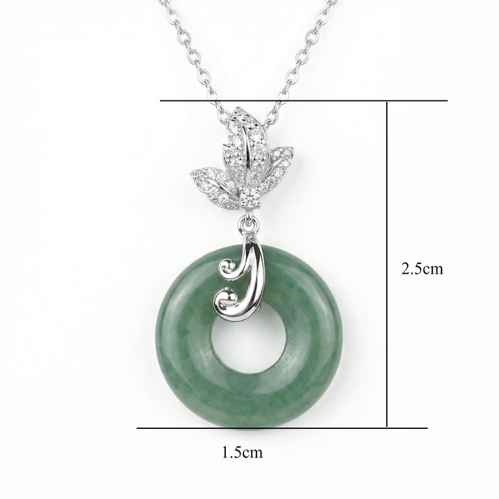 925 Sterling Silver Elegant Green Jade Donut Pendant Necklace with Sparkling Floral Bale and Silver Chain