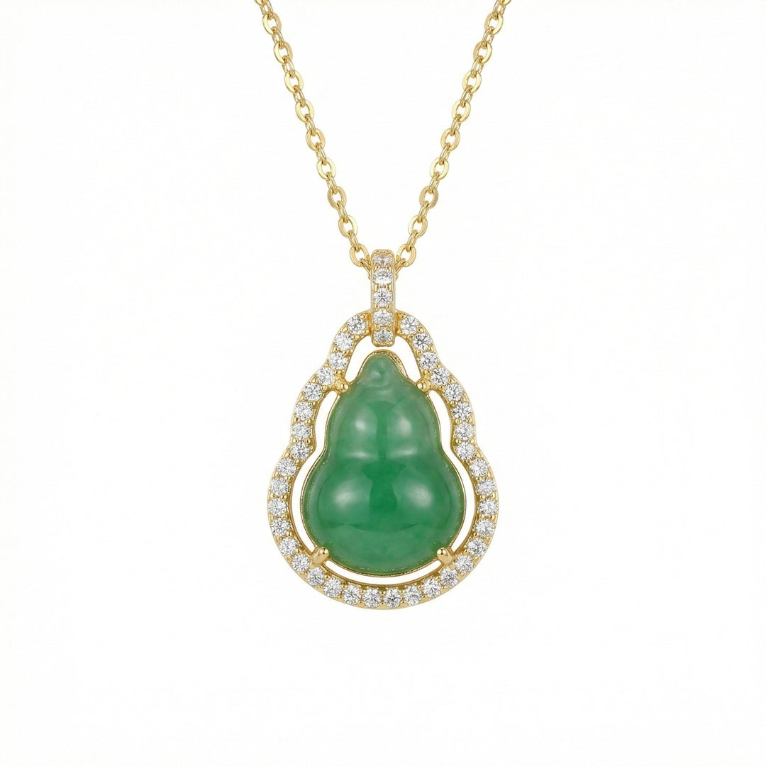 925 Sterling Silver Green Jade Hulu Pendant Necklace with Diamond Halo