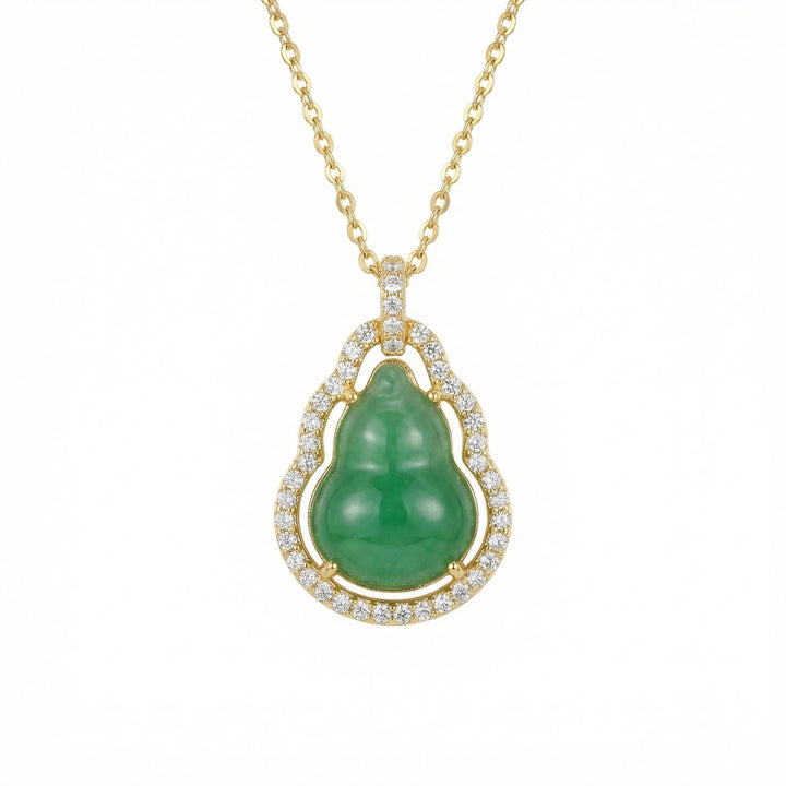 925 Sterling Silver Green Jade Hulu Pendant Necklace with Diamond Halo