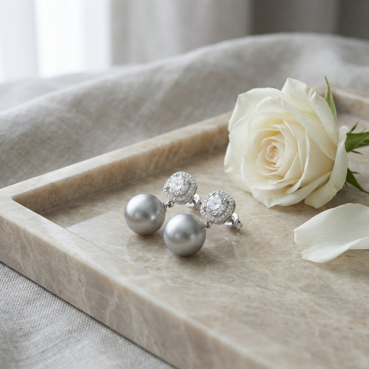 ✨ 925 Sterling Silver Grey South Sea Pearl & Cushion Diamond Halo Drop Earrings ✨