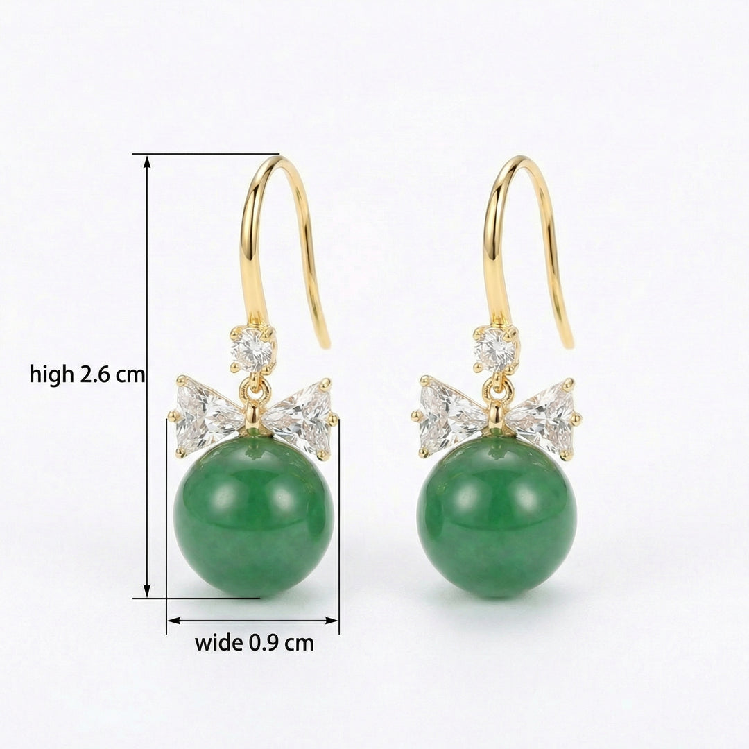925 Sterling Elegant Green Jade Drop Earrings with Bowknot Accents