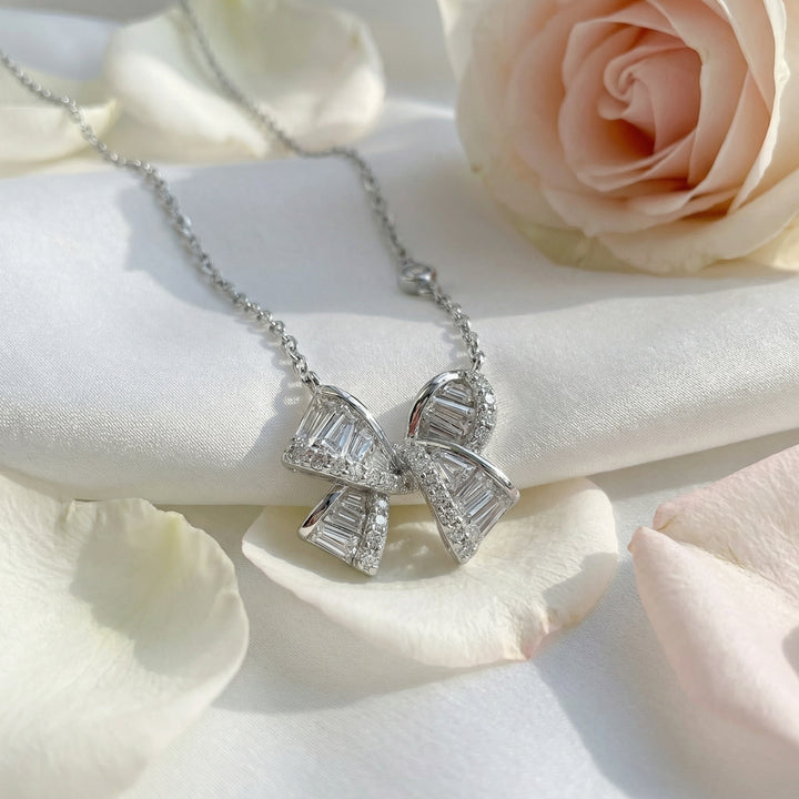 🎀 925 Sterling Silver Elegant Baguette & Round Diamond Ribbon Bow Pendant Necklace 🎀
