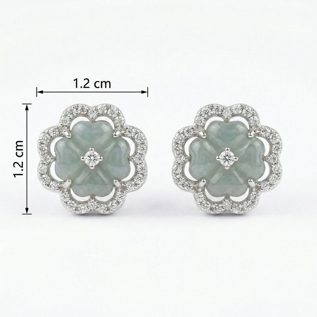 925 Sterling Silver Elegant Light Green Jadeite Floral Stud Earrings with Diamond Halo