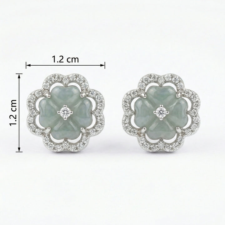 925 Sterling Silver Elegant Light Green Jadeite Floral Stud Earrings with Diamond Halo