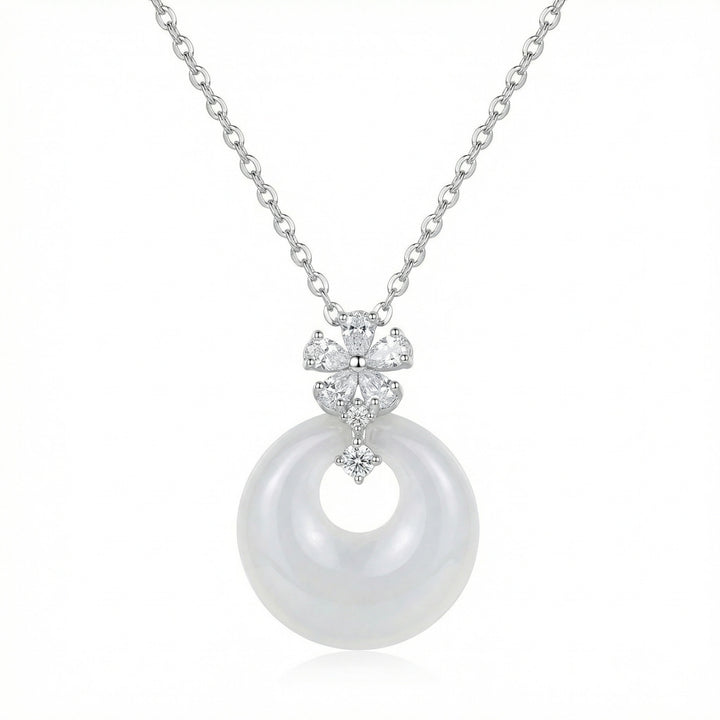 925 Sterling Silver Elegant White Round Jade Pendant Necklace with Sparkling Silver Flower Accents