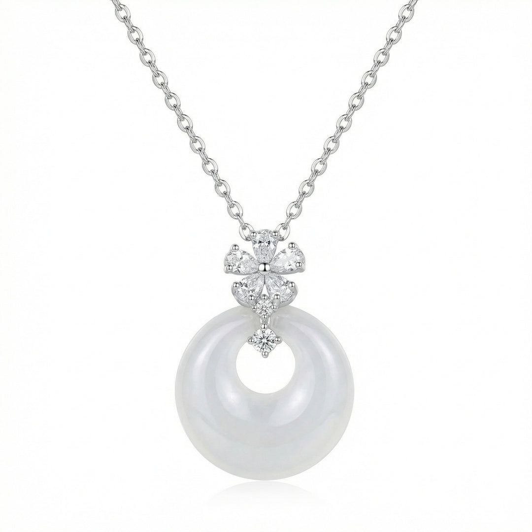 925 Sterling Silver Elegant White Round Jade Pendant Necklace with Sparkling Silver Flower Accents