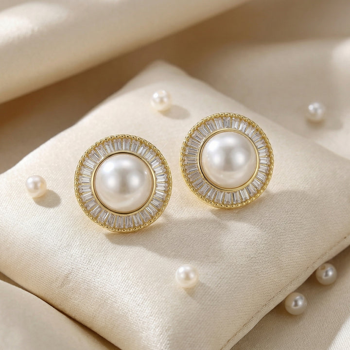 ✨ 925 Sterling Silver Round Pearl Stud Earrings with Baguette Crystal Halo ✨