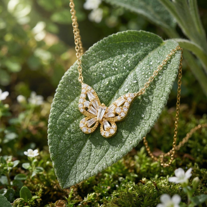 925 Sterling Silver Butterfly Pendant Necklace with Baguette & Round-Cut Sparkling Gemstones