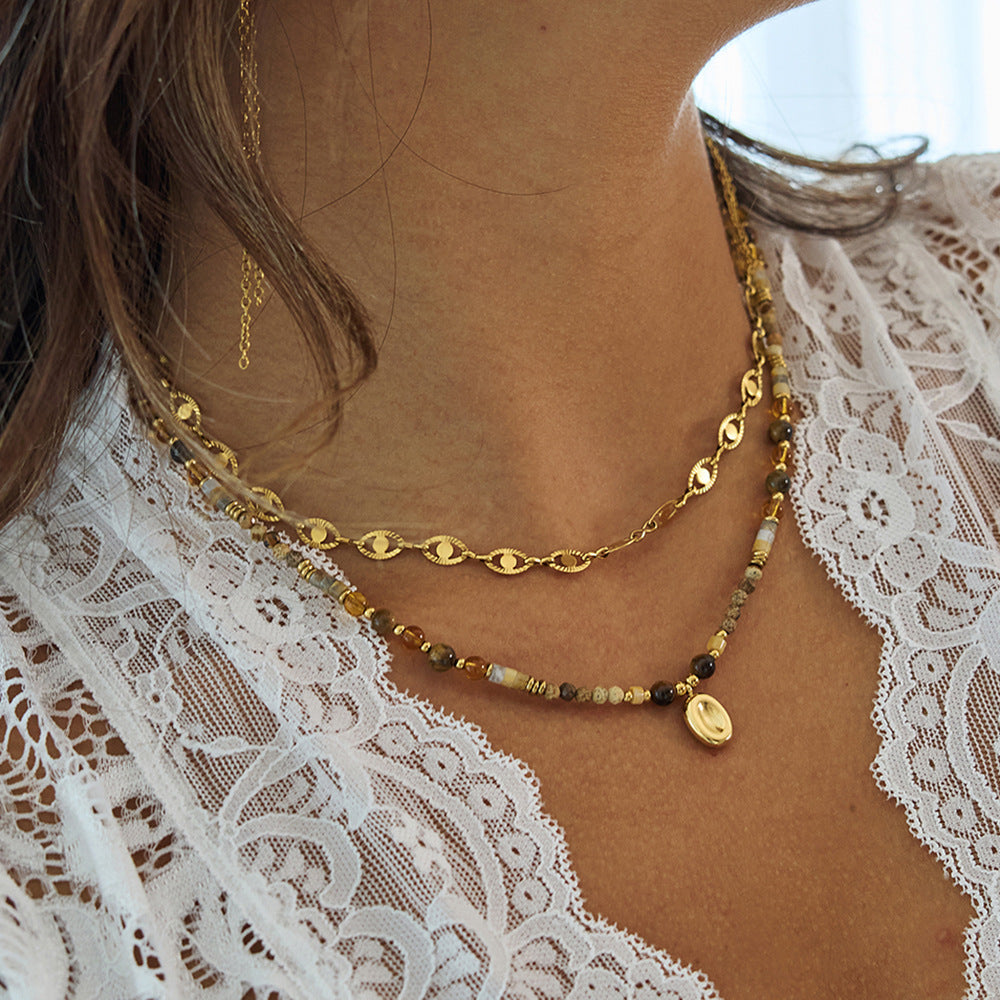 Women’s Tiger’s Eye Natural Stone & Crystal Beaded Necklace – Light Luxury Clavicle Chain