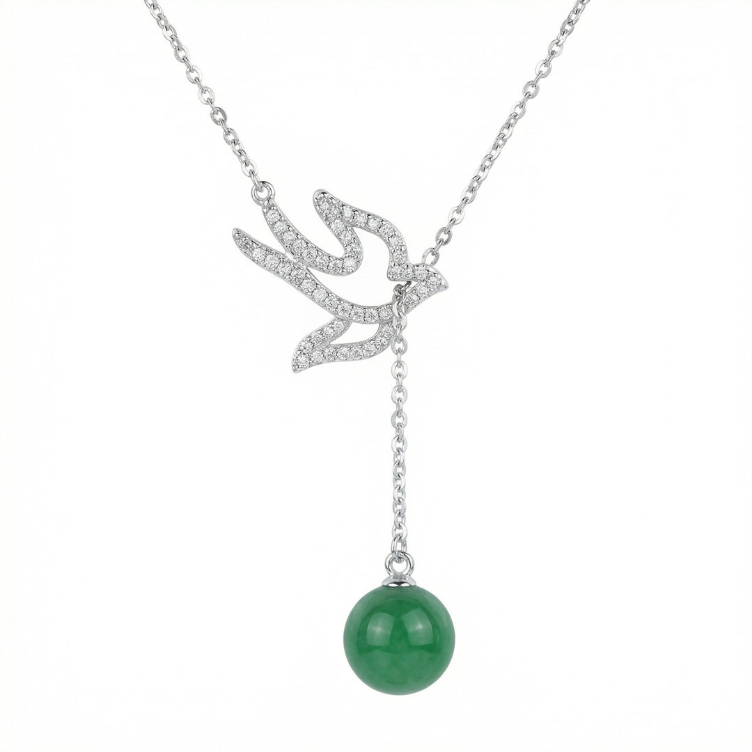 925 Sterling Silver Bird Necklace with Green Jade Bead – Sparkling Accent Design