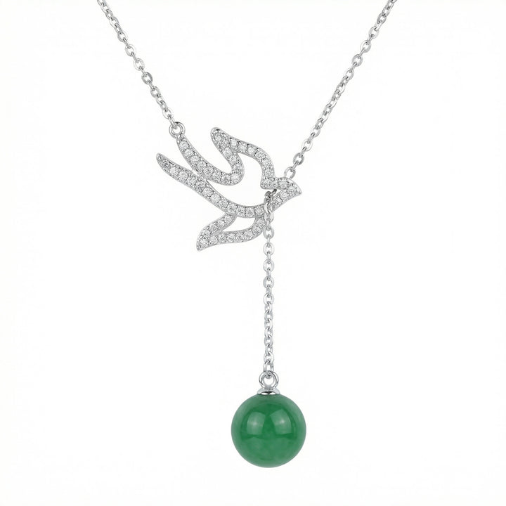 925 Sterling Silver Bird Necklace with Green Jade Bead – Sparkling Accent Design