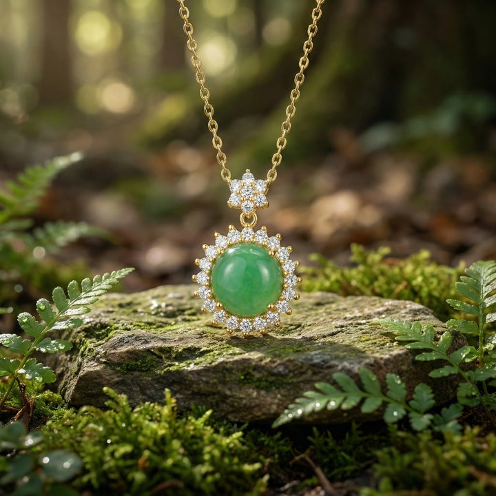 ✨ 925 Sterling Silver Elegant Jadeite Cabochon Halo Pendant Necklace with Floral Accents ✨