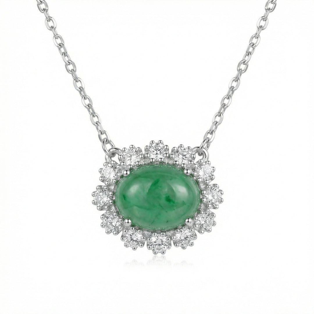 925 Sterling Silver Elegant Necklace with Oval Green Jadeite Cabochon and Sparkling Gemstone Halo