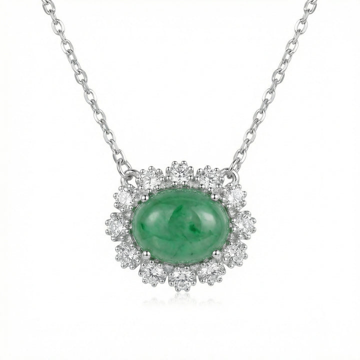 925 Sterling Silver Elegant Necklace with Oval Green Jadeite Cabochon and Sparkling Gemstone Halo