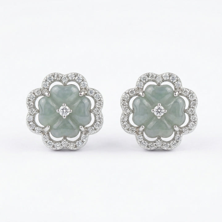 925 Sterling Silver Elegant Light Green Jadeite Floral Stud Earrings with Diamond Halo