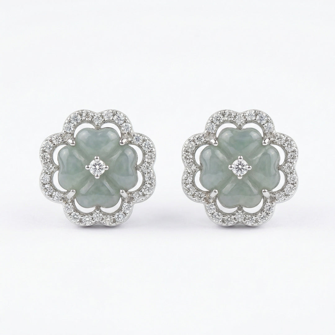 925 Sterling Silver Elegant Light Green Jadeite Floral Stud Earrings with Diamond Halo