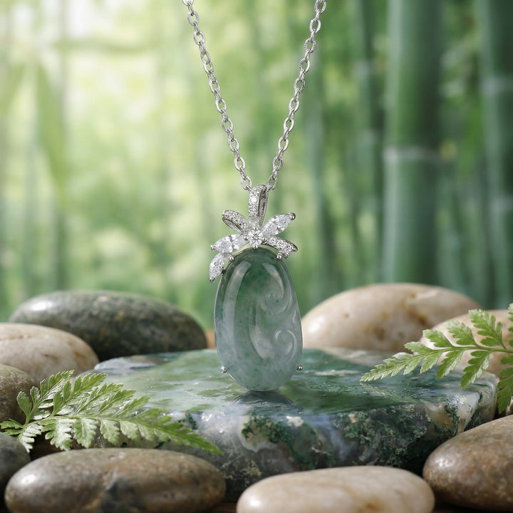 925 Sterling Silver Carved Green Jade Pendant Necklace – Elegant Floral Accents