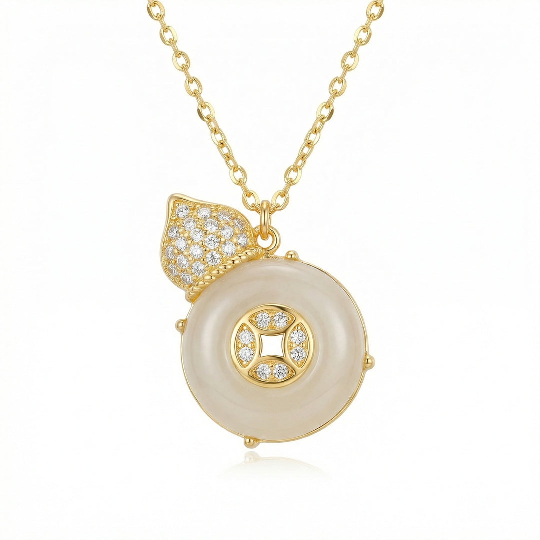 925 Sterling Silver White Gemstone Hulu Pendant Necklace – Sparkling Accents with Traditional Coin Motif