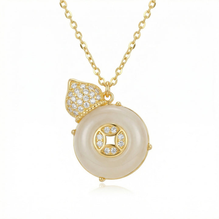 925 Sterling Silver White Gemstone Hulu Pendant Necklace – Sparkling Accents with Traditional Coin Motif