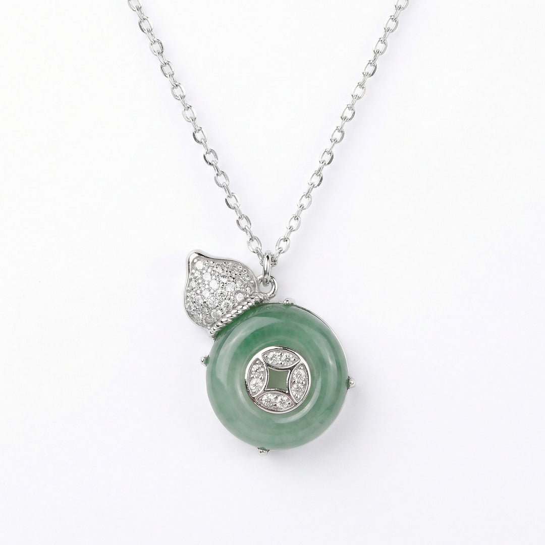 925 Sterling Silver Elegant Jadeite Calabash & Coin Pendant Necklace with Diamond Accents