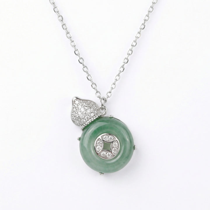 925 Sterling Silver Elegant Jadeite Calabash & Coin Pendant Necklace with Diamond Accents