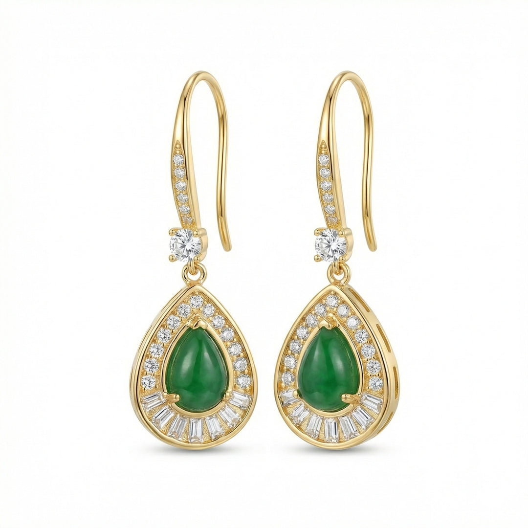 ✨ 925 Sterling Silver Elegant Green Jadeite Teardrop Earrings with Diamond & Baguette Accents ✨