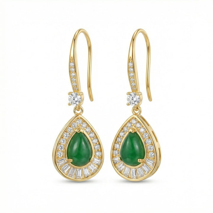 ✨ 925 Sterling Silver Elegant Green Jadeite Teardrop Earrings with Diamond & Baguette Accents ✨